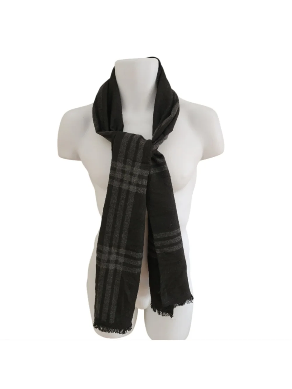Cashmere Gray & Black Plaid Fringed Scarf Men's